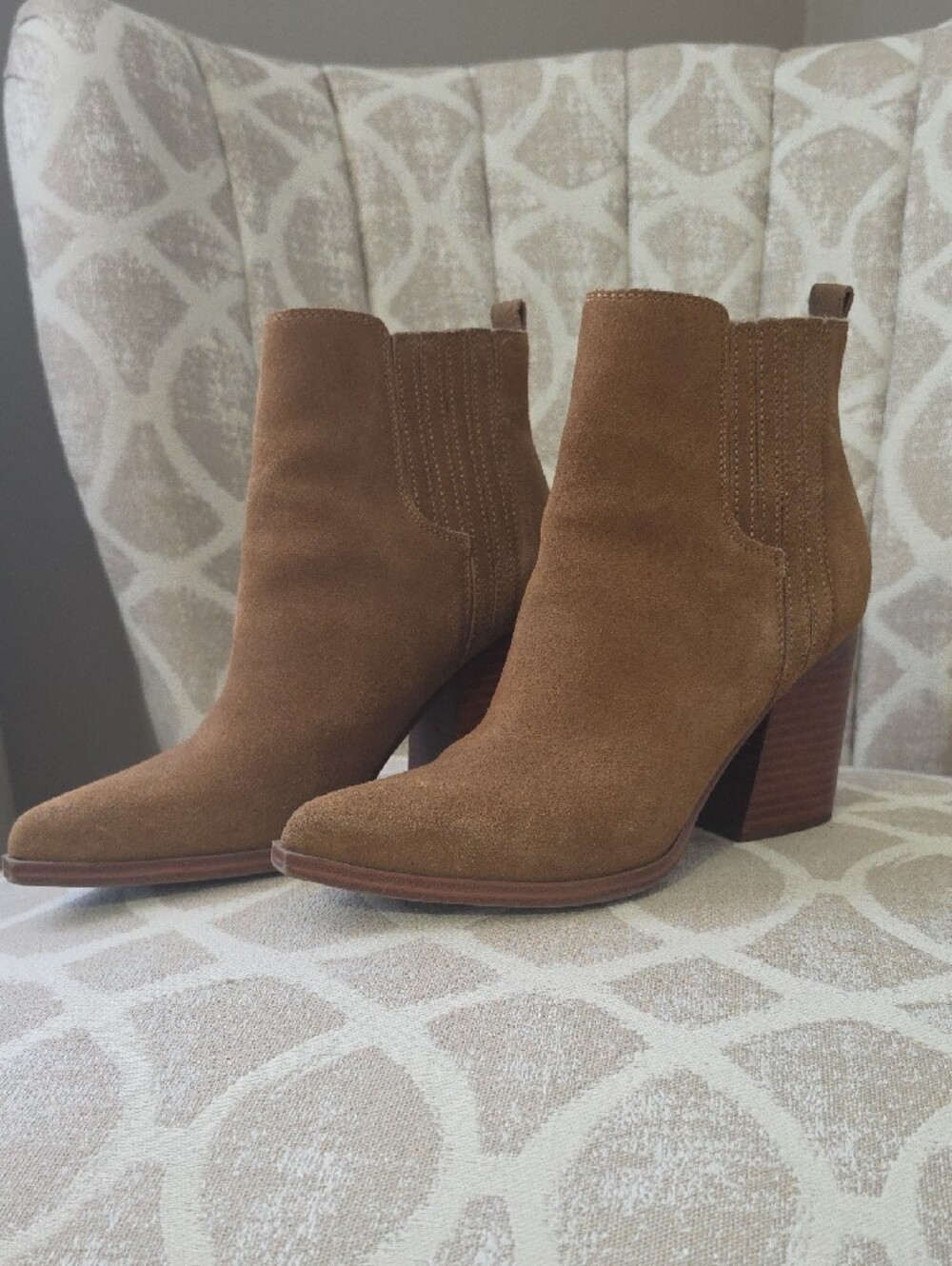 Marc Fisher Tan Suede Ankle Booties with Stacked Heel - Picture 2 of 5
